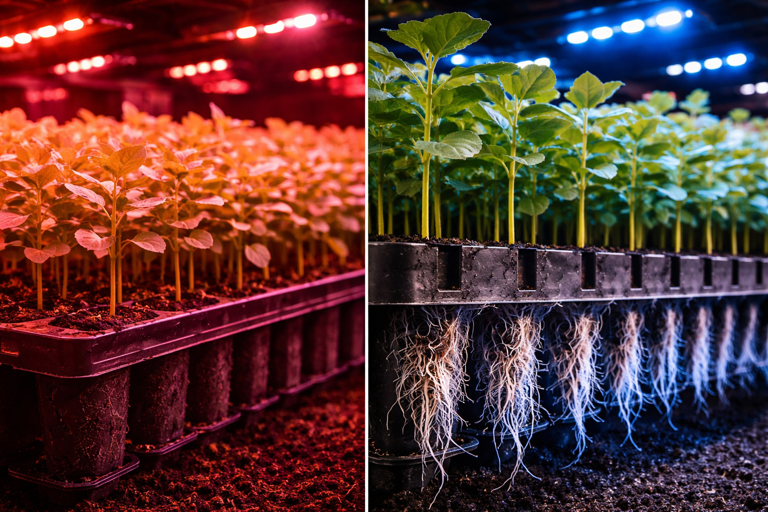 Comparativo visual de espectro LED vermelho para crescimento aéreo e azul para desenvolvimento radicular em eucalipto