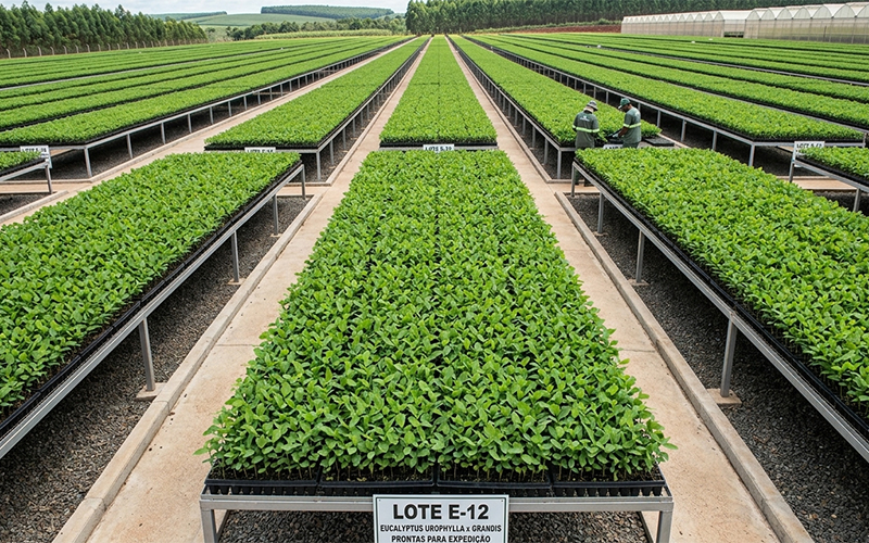 Viveiro florestal organizado com lotes uniformes de mudas de eucalipto prontas para expedição com tecnologia LED