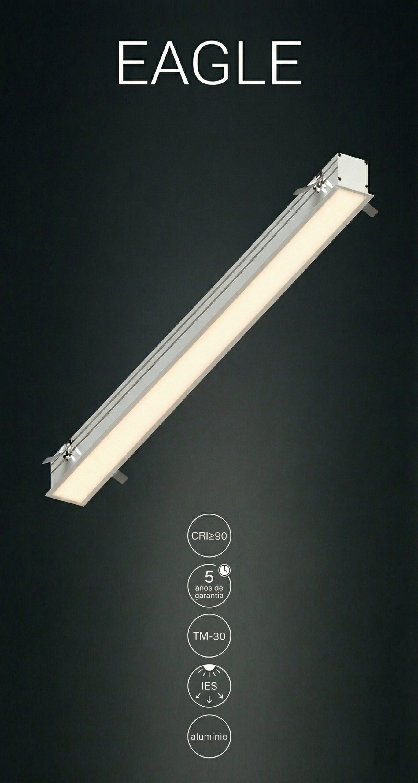 Luminária linear LED de alta eficiência para indústrias e comércios, com iluminação uniforme e economia de energia.
