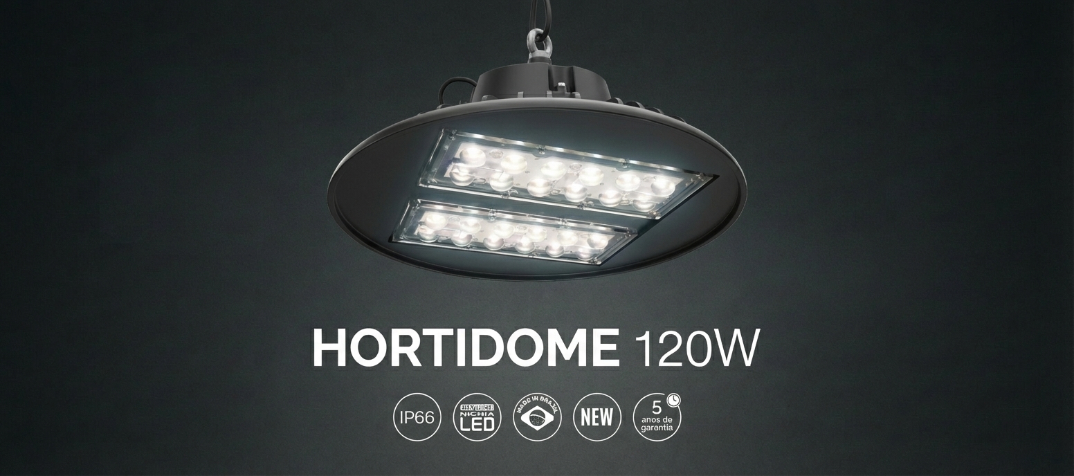 Potência, eficiência e durabilidade para o seu cultivo. A HORTIDOME 120W oferece iluminação profissional com LED Nichia e proteção IP66, ideal para estufas e ambientes de produção agrícola que exigem alto desempenho e confiabilidade.