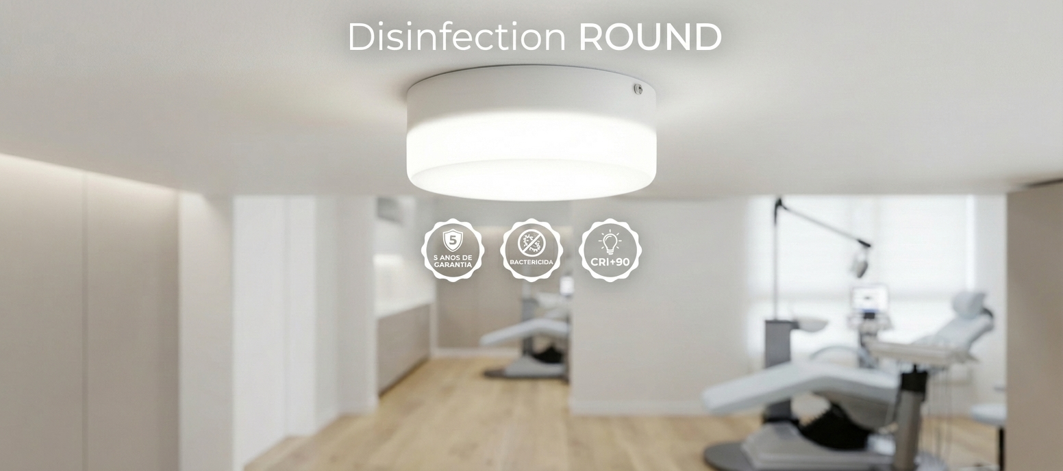 Disinfection ROUND: plafon cilíndrico de sobrepor com design minimalista, luz branca difusa e tecnologia bactericida integrada, ideal para ambientes de saúde que exigem sofisticação, higiene e alta eficiência luminosa.