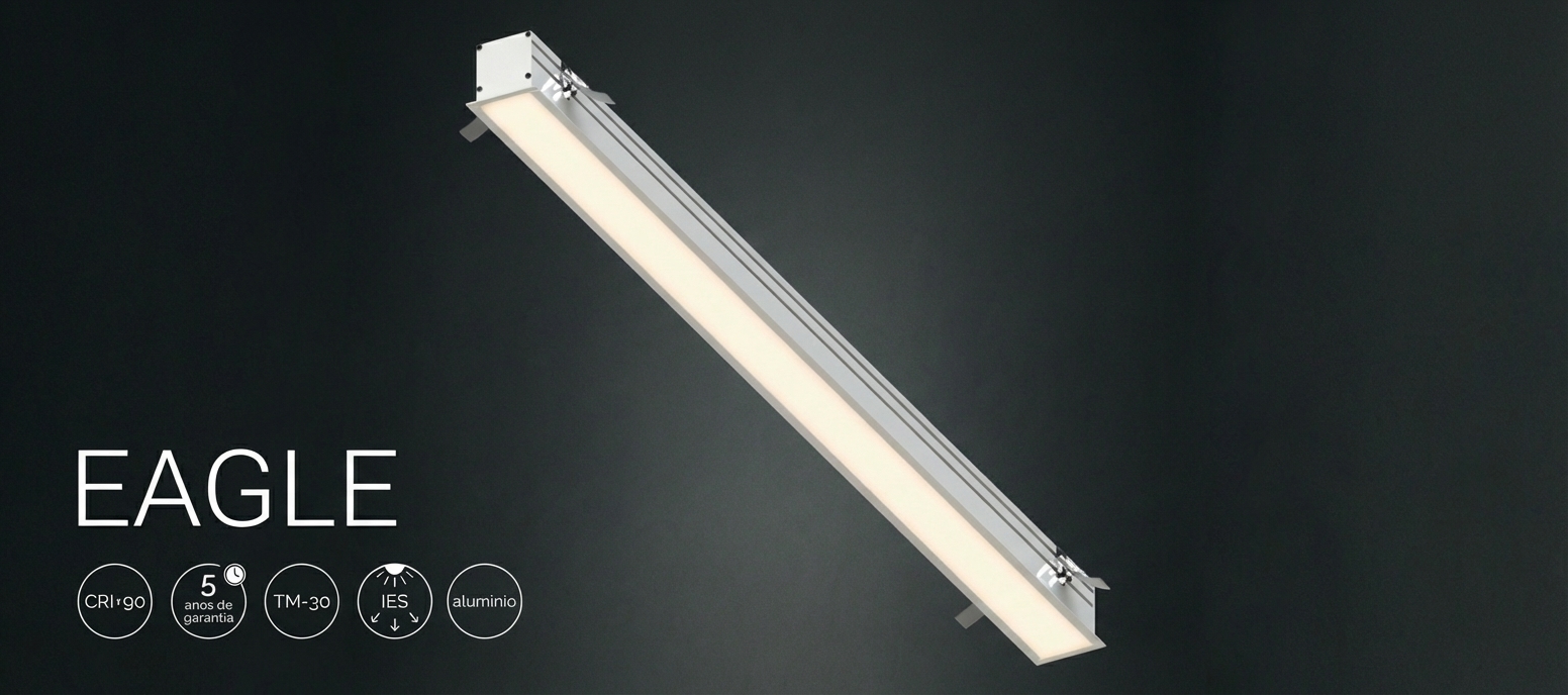 EAGLE — luminária linear com design minimalista e acabamento premium, apresentada em composição horizontal sobre fundo escuro, com identidade visual elegante e selos técnicos inspirados no conceito Territory PRO.