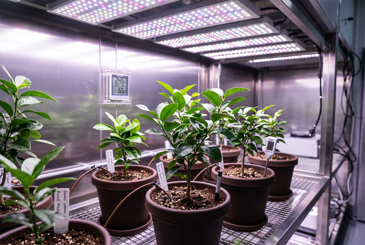 Interior de câmara de cultivo com bancadas de plântulas sob iluminação LED LEDs-up®